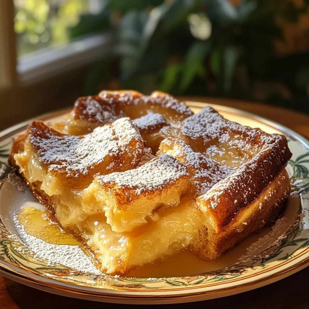 Delicious French toast casserole made with croissants, topped with syrup and berries.