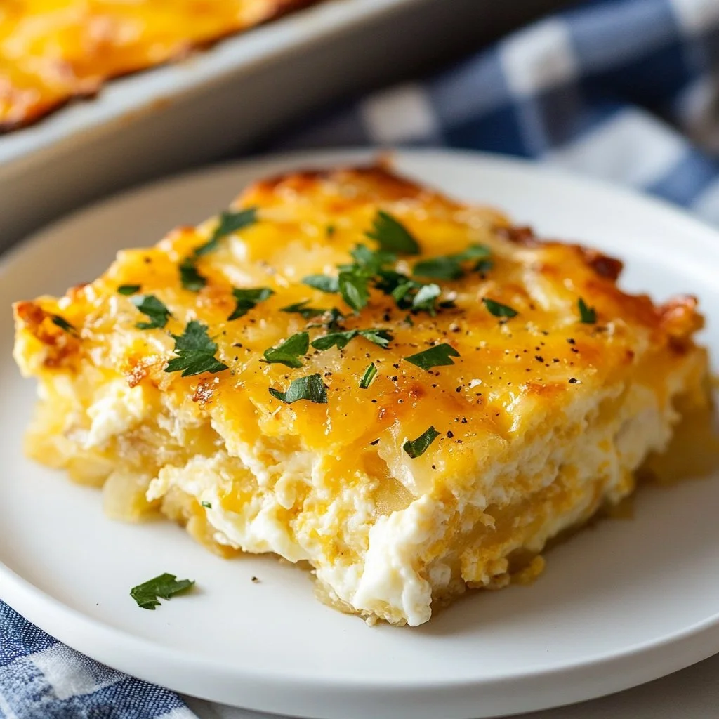 Delicious Hash Brown Egg Casserole served in a dish, garnished for brunch.