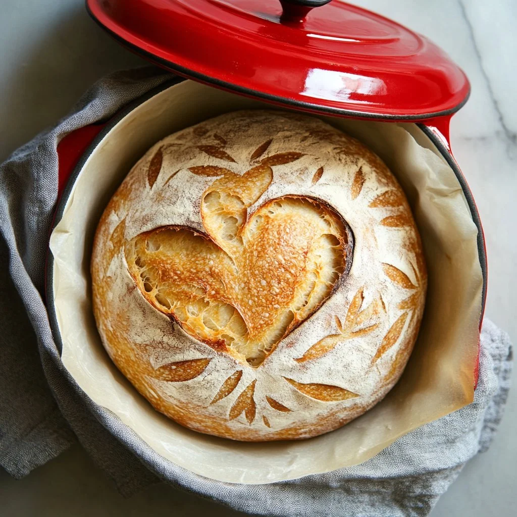 Heart scored sourdough bread loaf with a crispy crust and airy interior