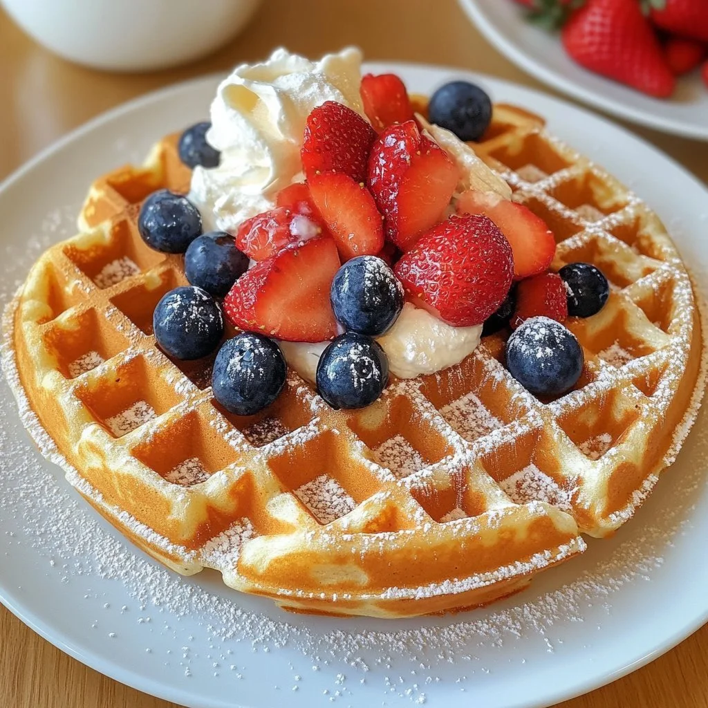Delicious homemade waffles served with fresh berries and syrup.