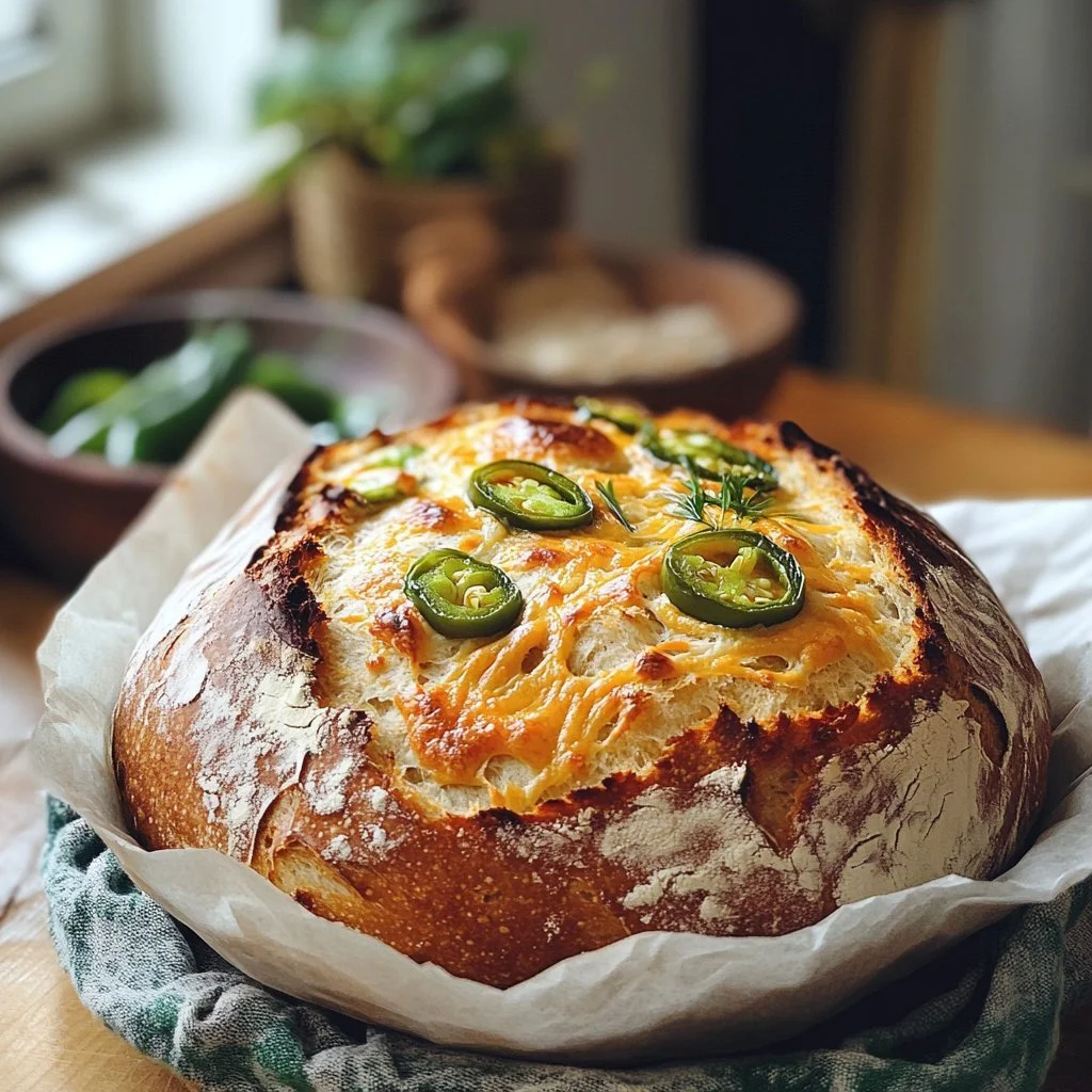 Freshly baked Jalapeño Cheddar Bread with spicy jalapeños and melted cheese.