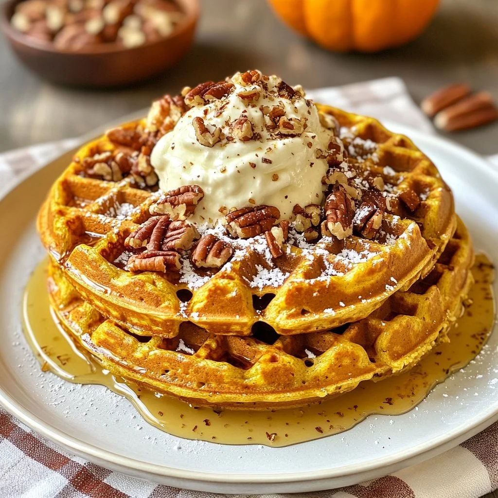 Delicious Keto Pumpkin Waffles topped with whipped cream and cinnamon
