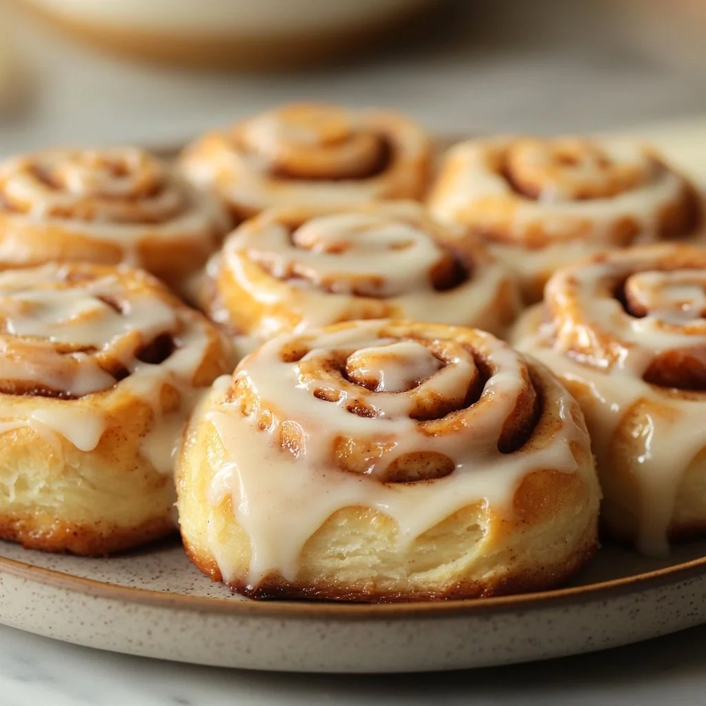 Delicious King's Hawaiian cinnamon rolls topped with icing on a wooden table