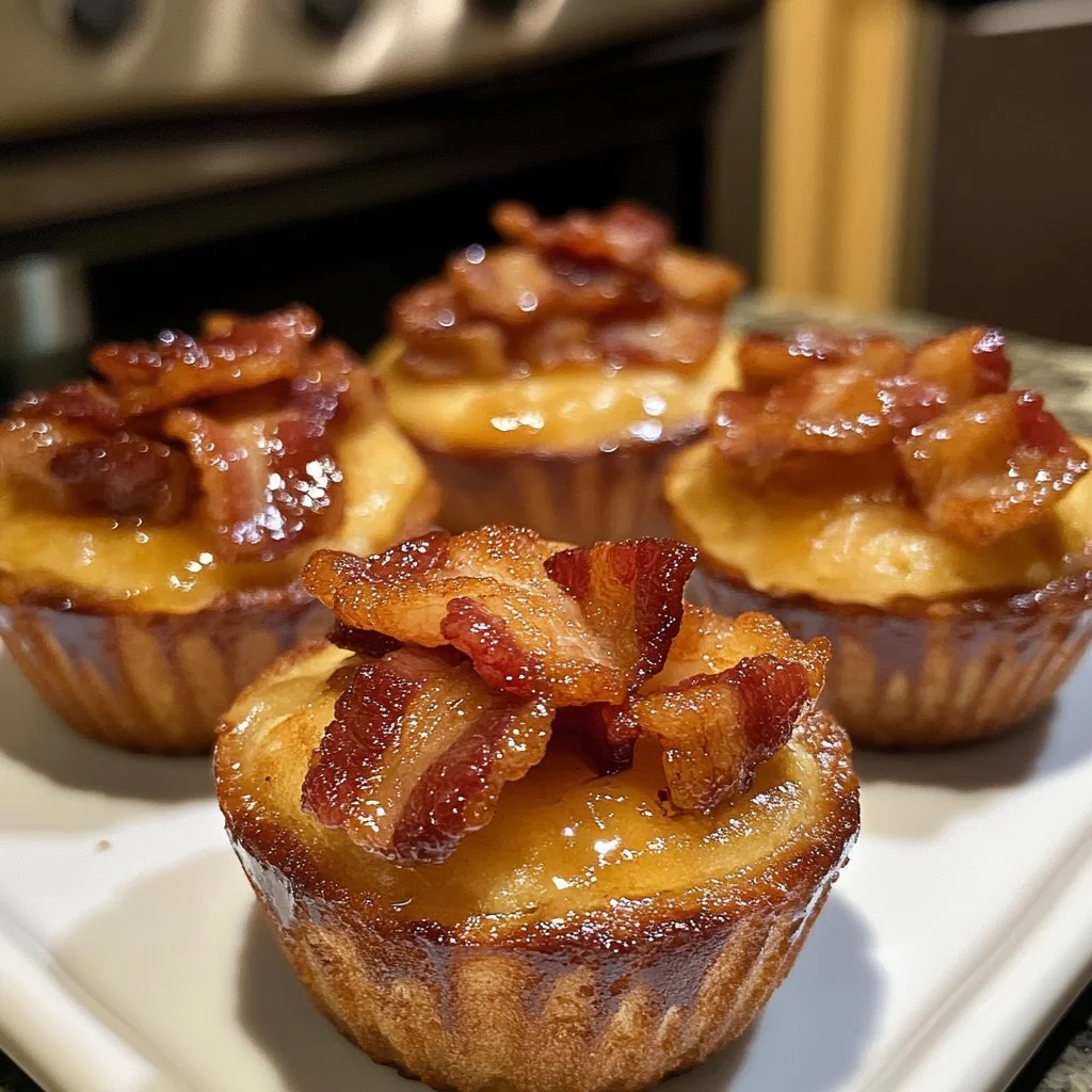 Delicious Maple Bacon Pancake Muffins topped with crispy bacon and maple syrup