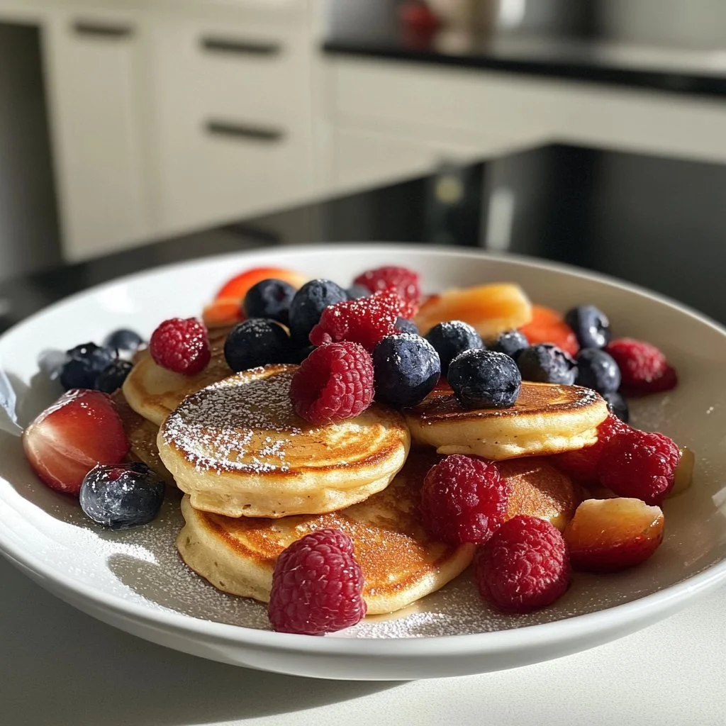 Delicious mini vegan pancakes stacked on a plate with fresh berries