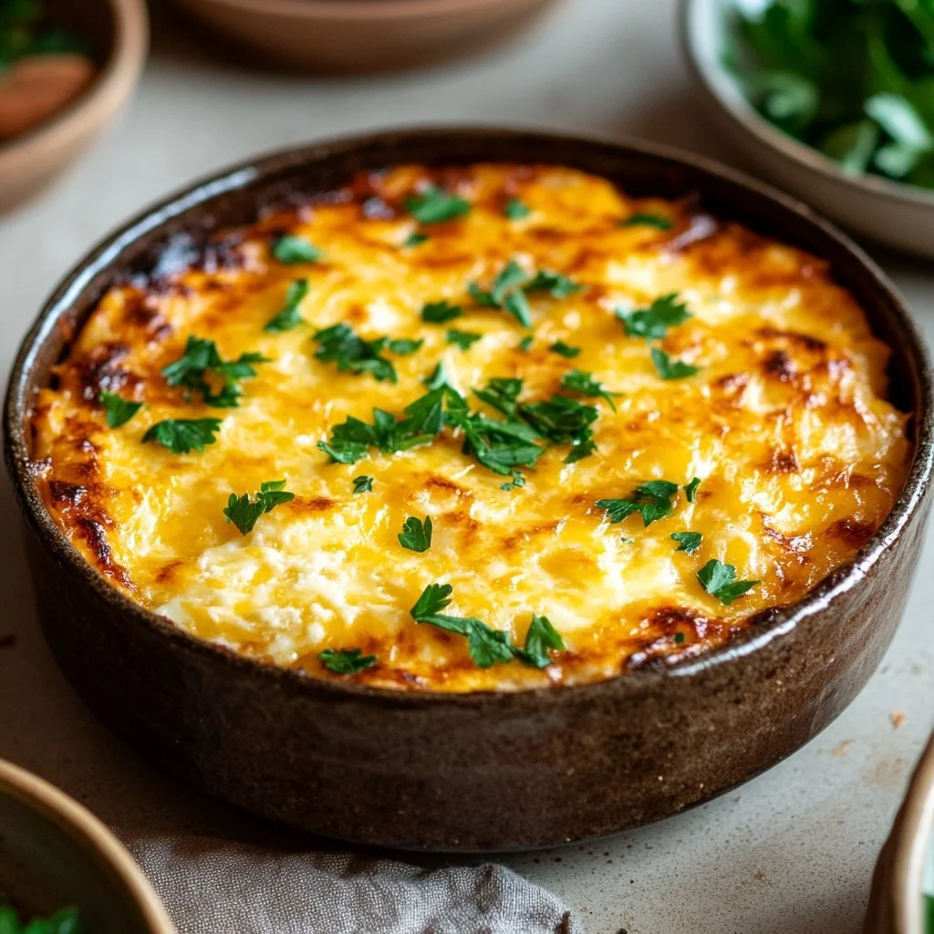 Delicious no egg breakfast casserole served in a baking dish.