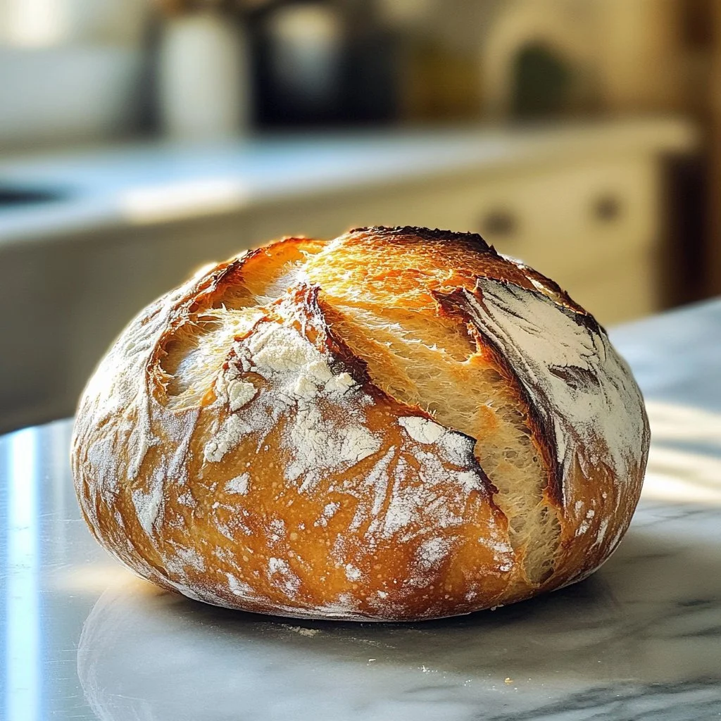 Freshly baked no knead Dutch Oven Bread on a wooden table