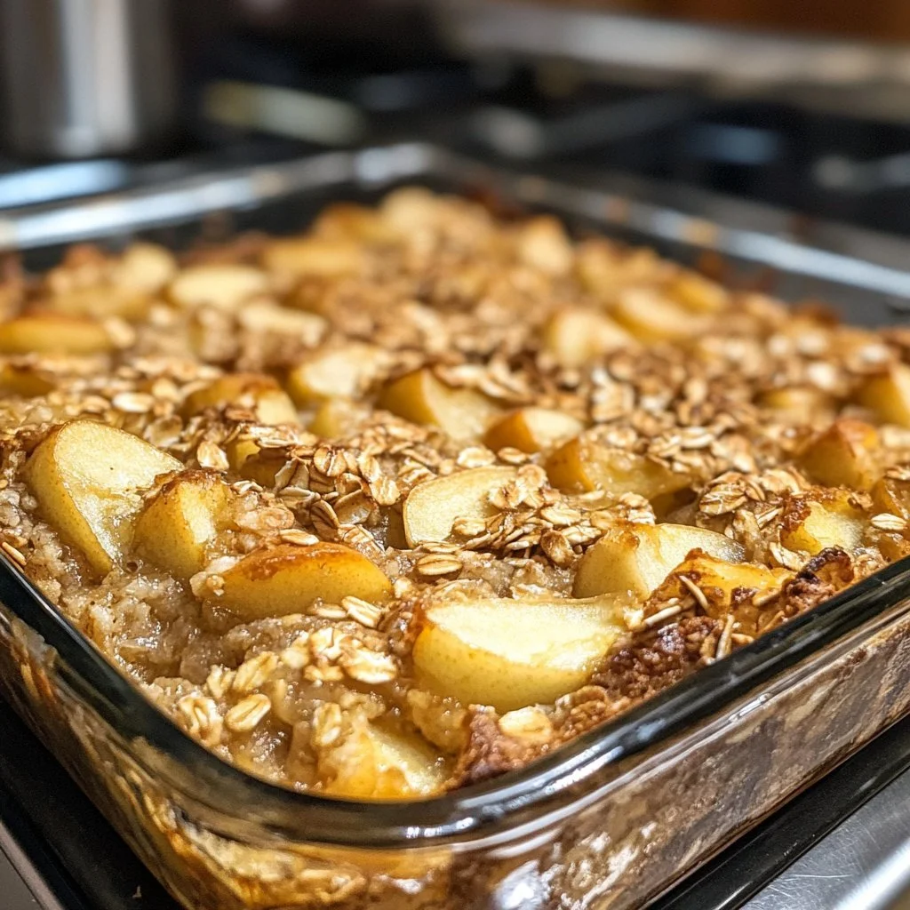Oatmeal Apple Breakfast Bake topped with cinnamon and apple slices