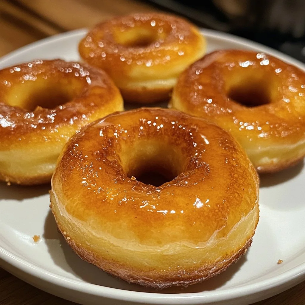Delicious homemade pancake donuts topped with syrup and sprinkles.