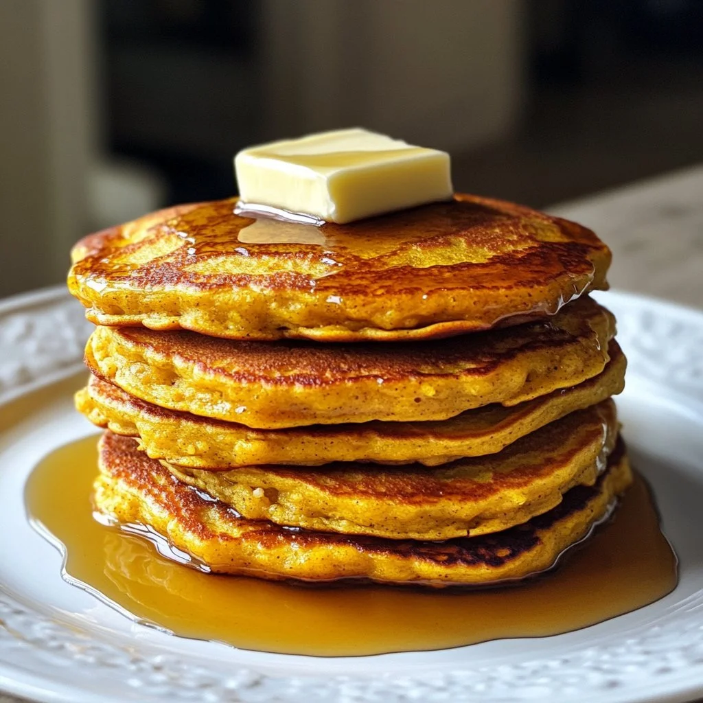 Fluffy Pumpkin Cottage Cheese Pancakes topped with maple syrup and cinnamon