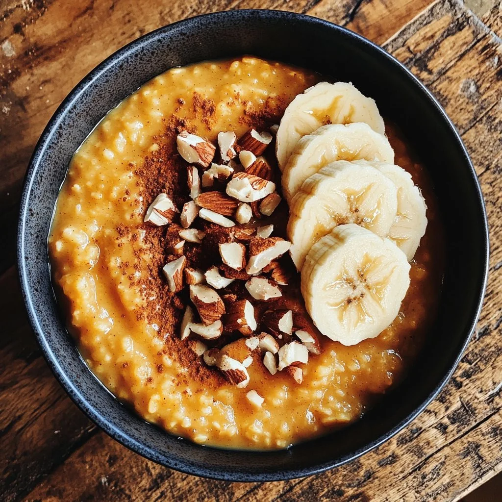 Bowl of pumpkin oatmeal topped with nuts and pumpkin seeds