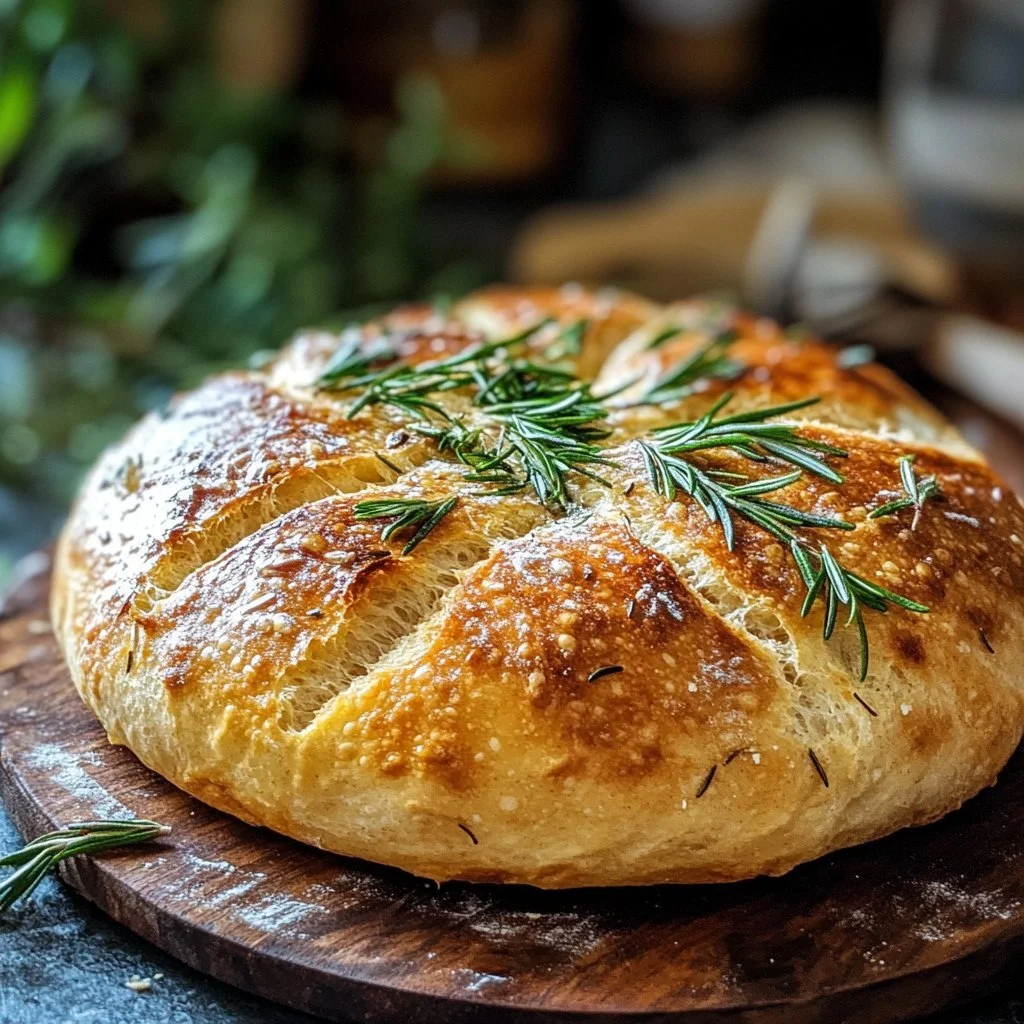 Freshly baked rustic herb bread with a golden crust and mixed herbs