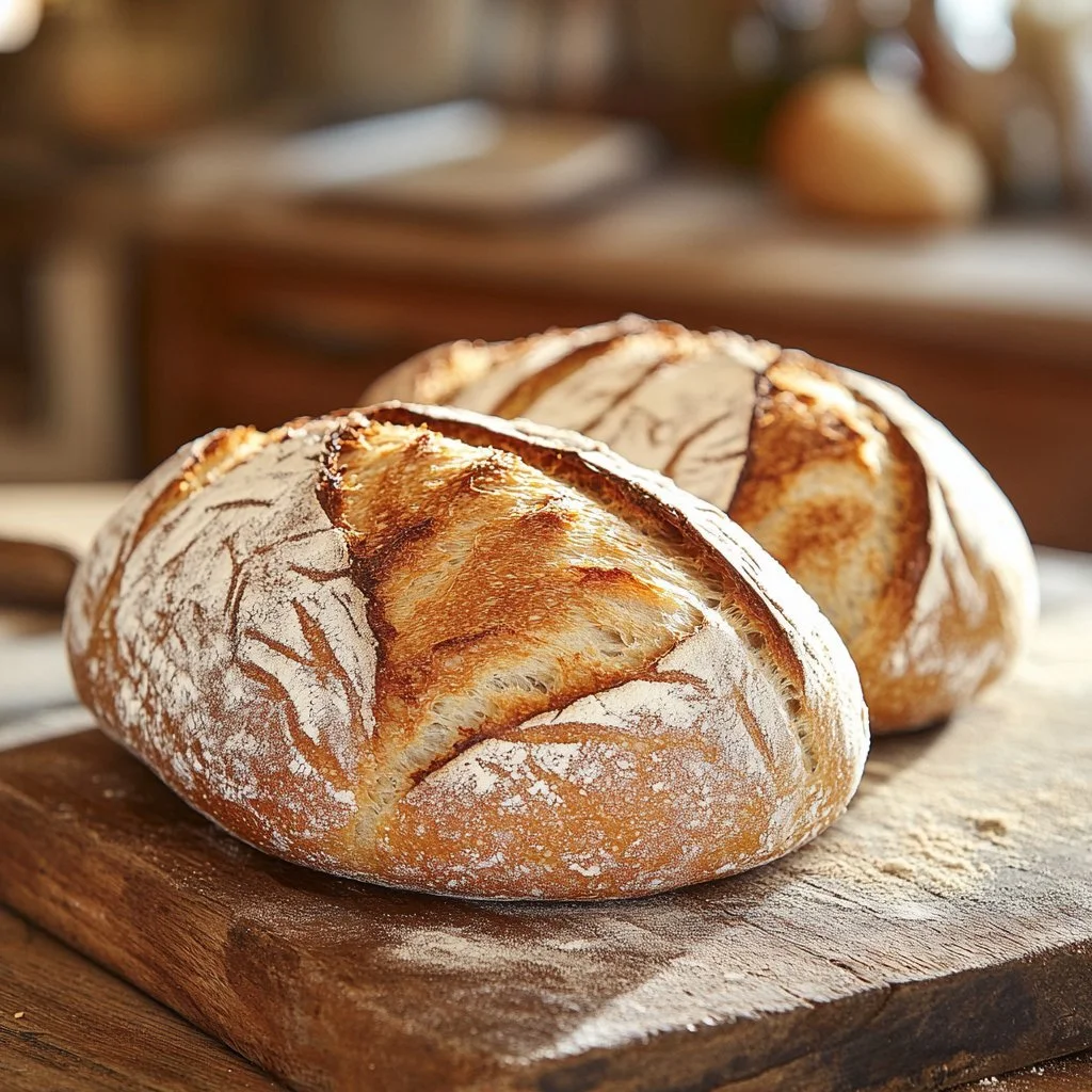 Freshly baked soft and chewy sourdough bread loaves on a wooden table