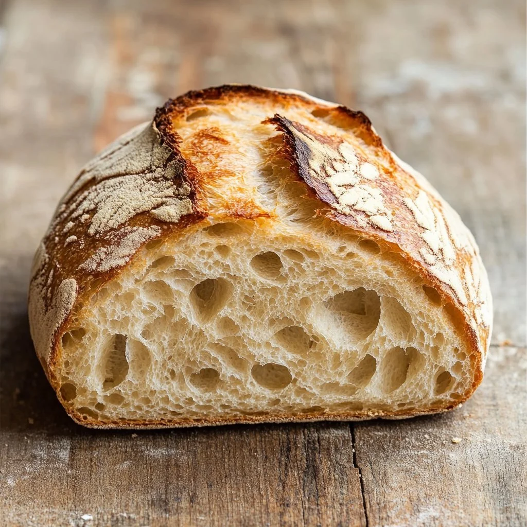 Freshly baked sourdough bread loaf with a crispy crust and soft interior
