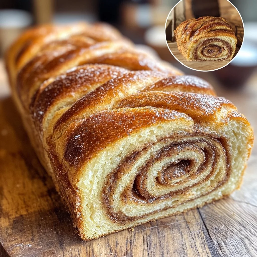 Freshly baked sourdough cinnamon sugar bread with a golden crust and sweet topping