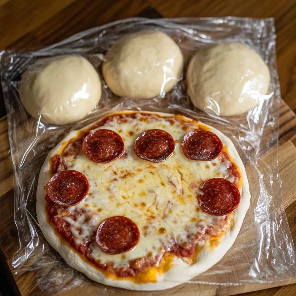 Sourdough pizza with fresh toppings on a wooden board