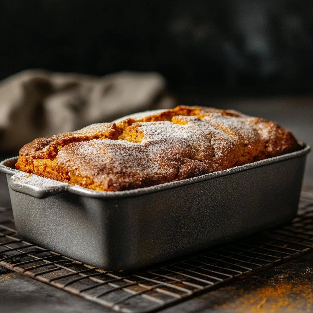 Freshly baked sourdough pumpkin bread with spices and pumpkin topping.