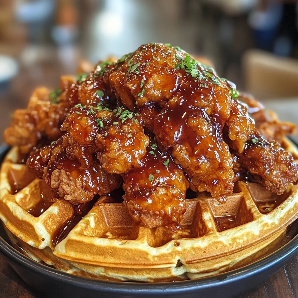 Southern fried chicken served with waffles on a plate