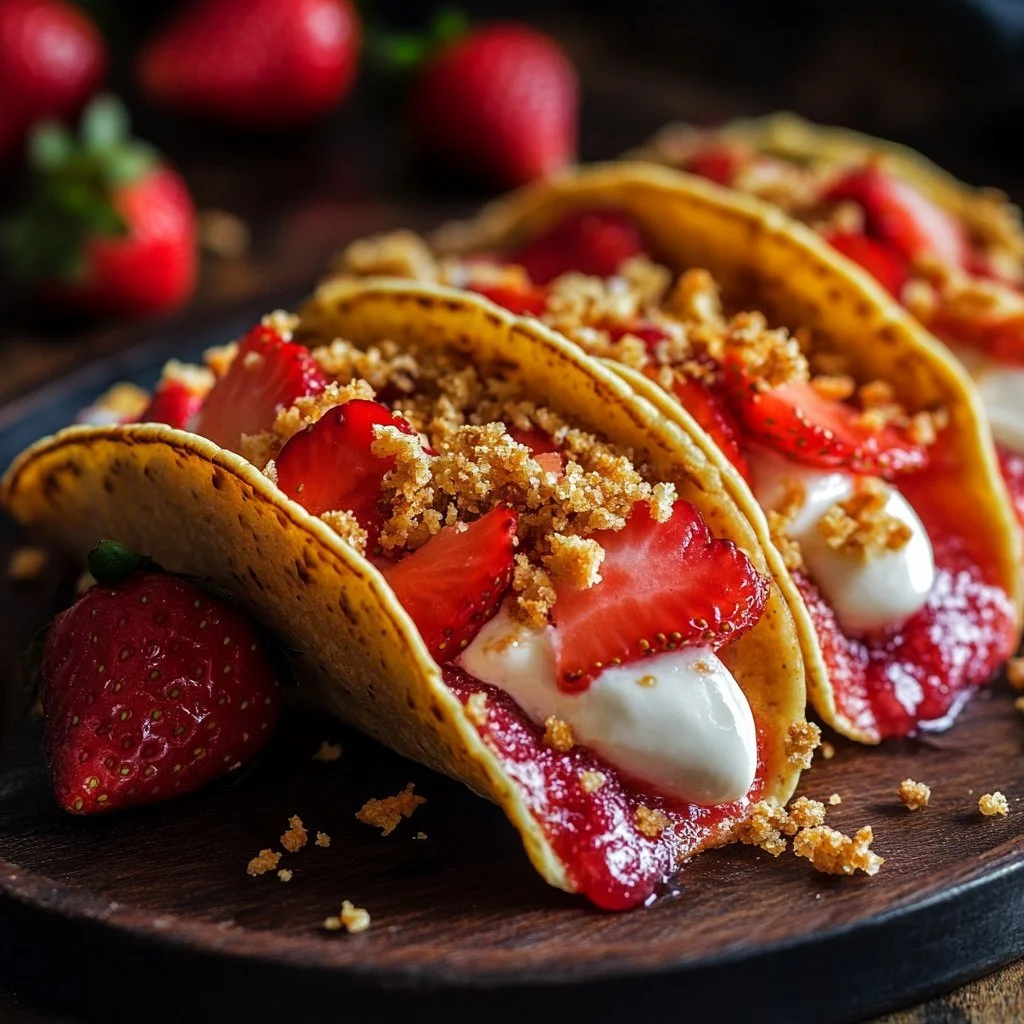 Delicious strawberry crunch cheesecake tacos on a plate with fresh strawberries.