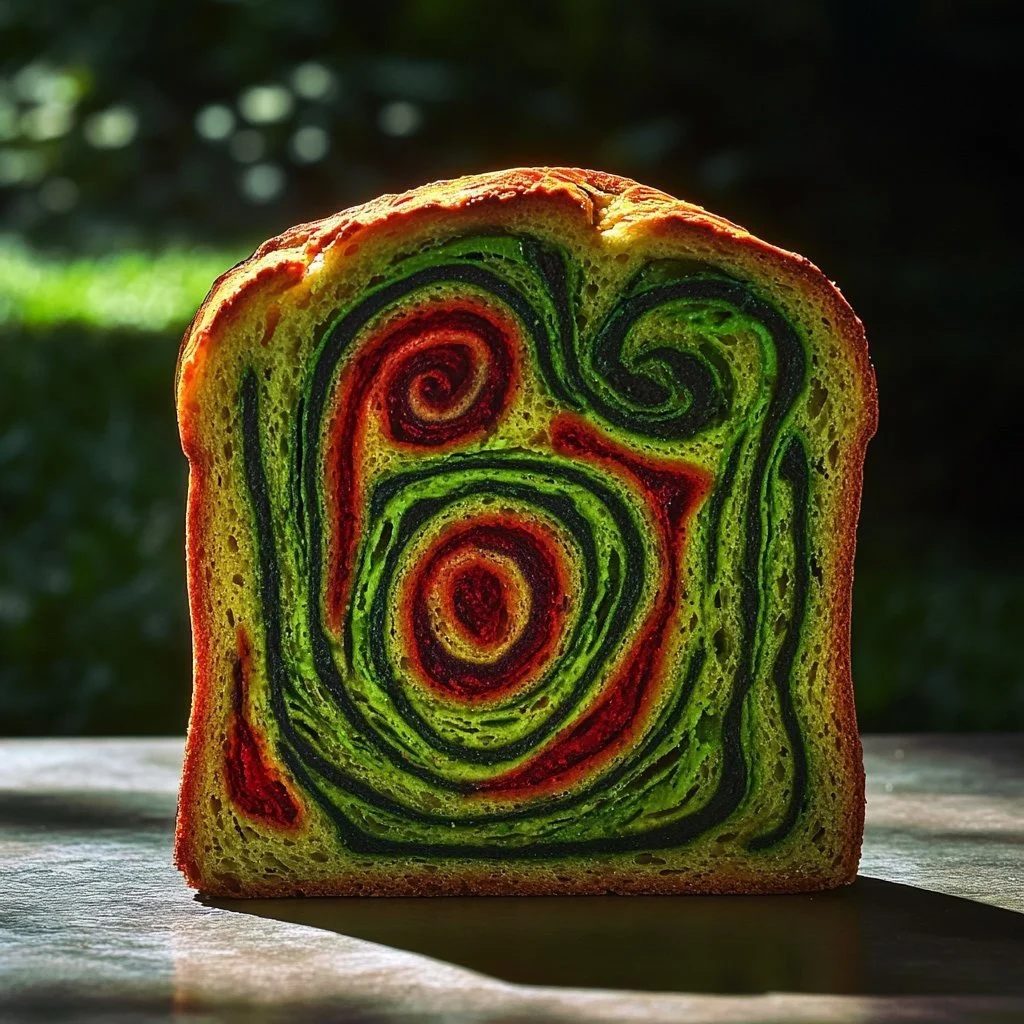Freshly baked Strawberry Matcha Sourdough Loaf with berries and matcha powder.