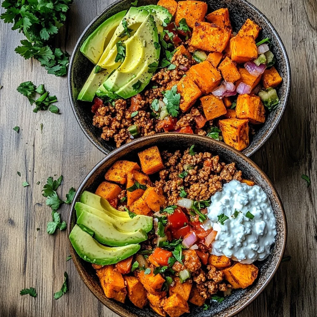 A colorful Sweet Potato Taco Bowl topped with fresh ingredients