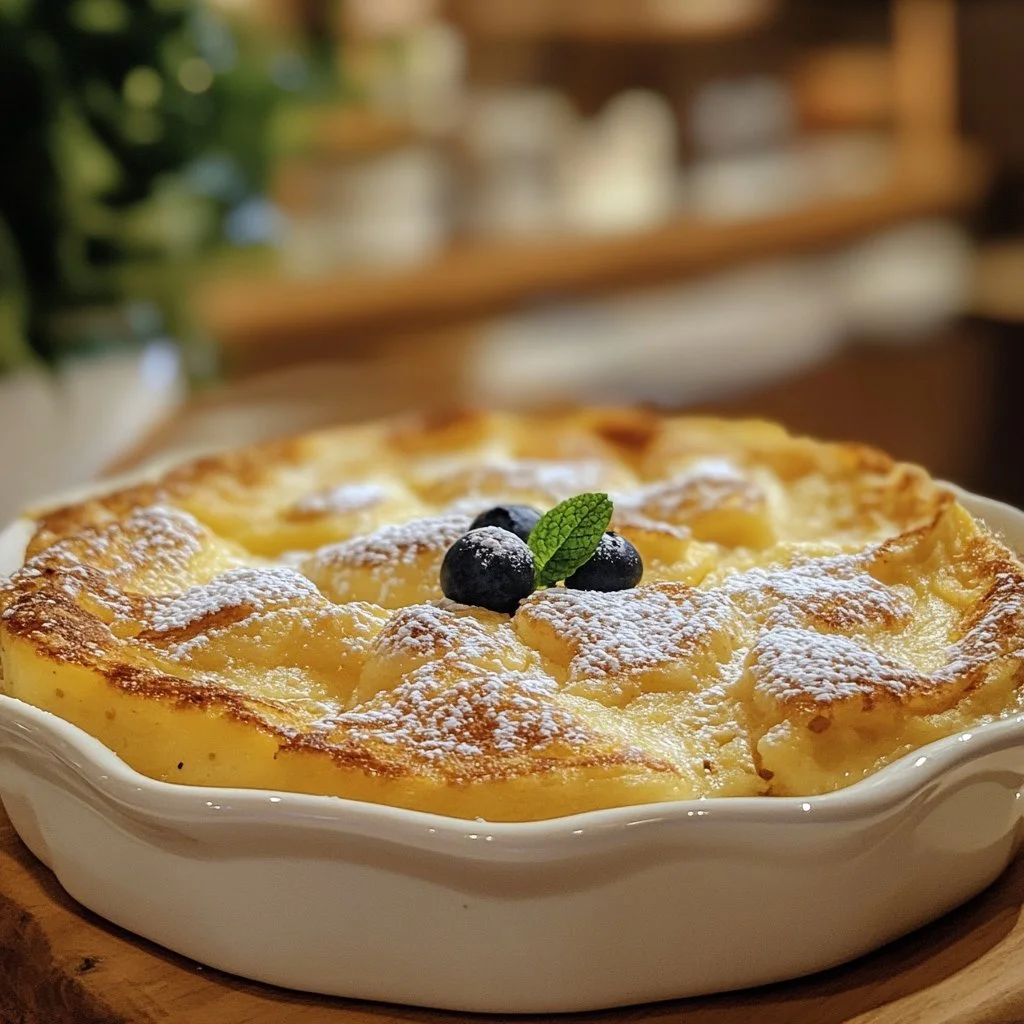 Warm and fluffy pancake casserole baked with maple syrup and berries