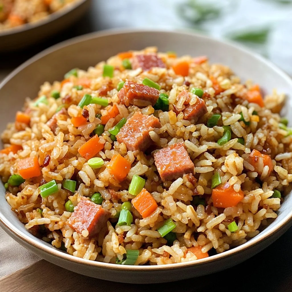 Plate of Spam Fried Rice topped with vegetables, ready in 30 minutes