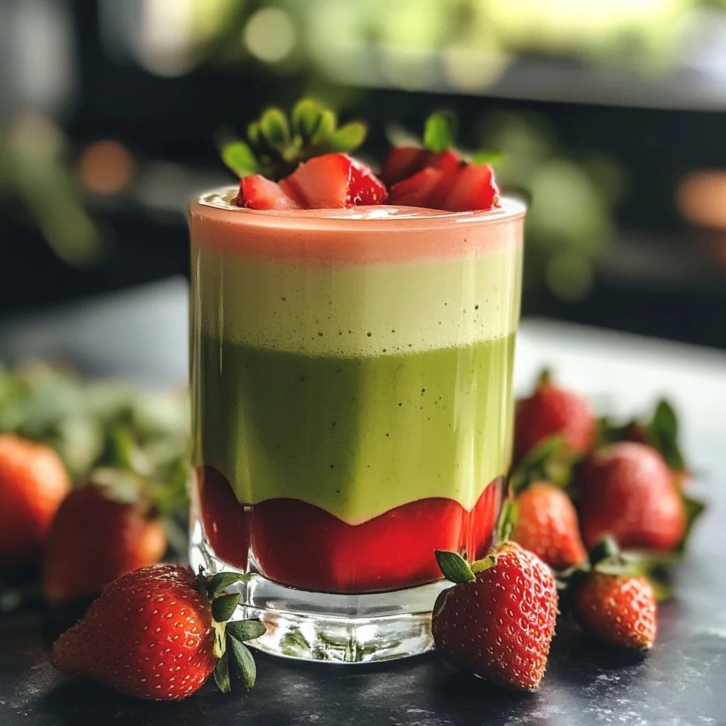 Delicious strawberry matcha latte served in a glass with fresh strawberries