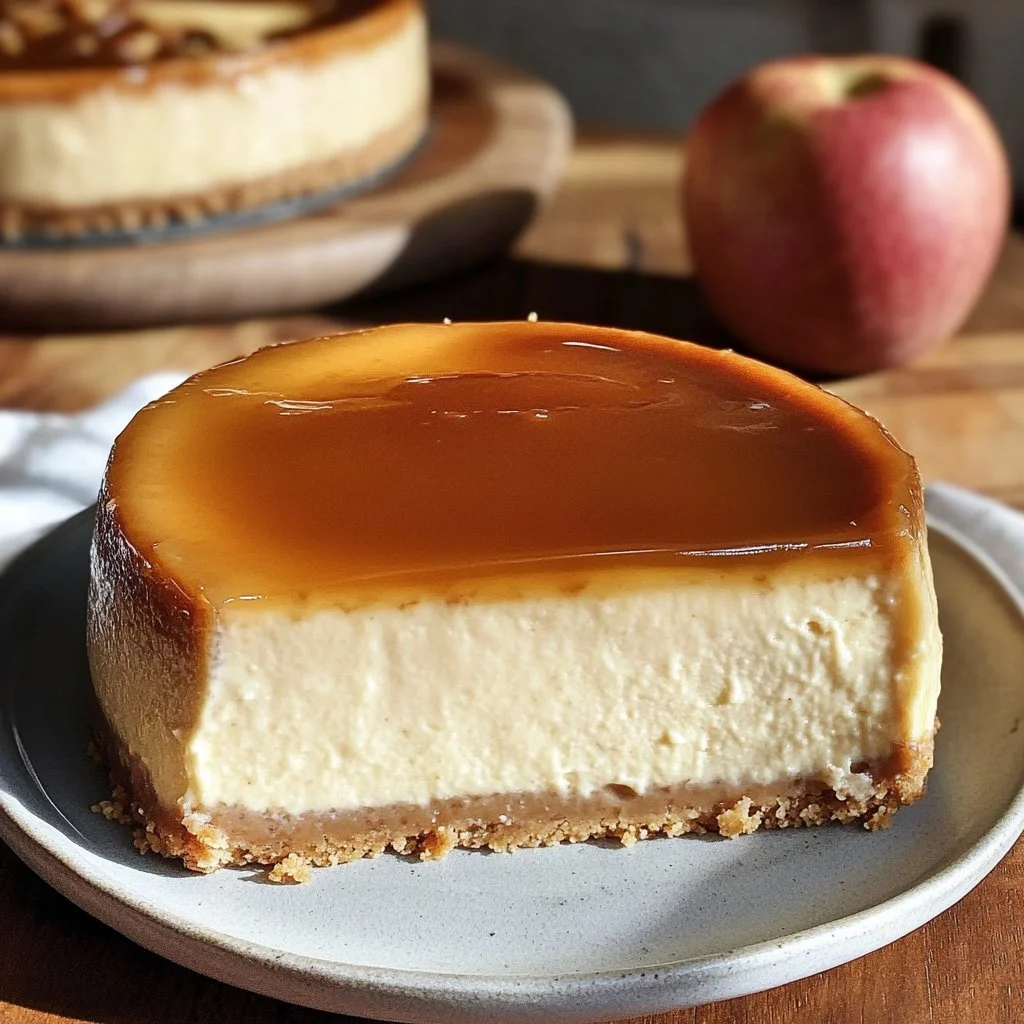 Slice of autumn apple cider cheesecake topped with caramel drizzle and apple slices.