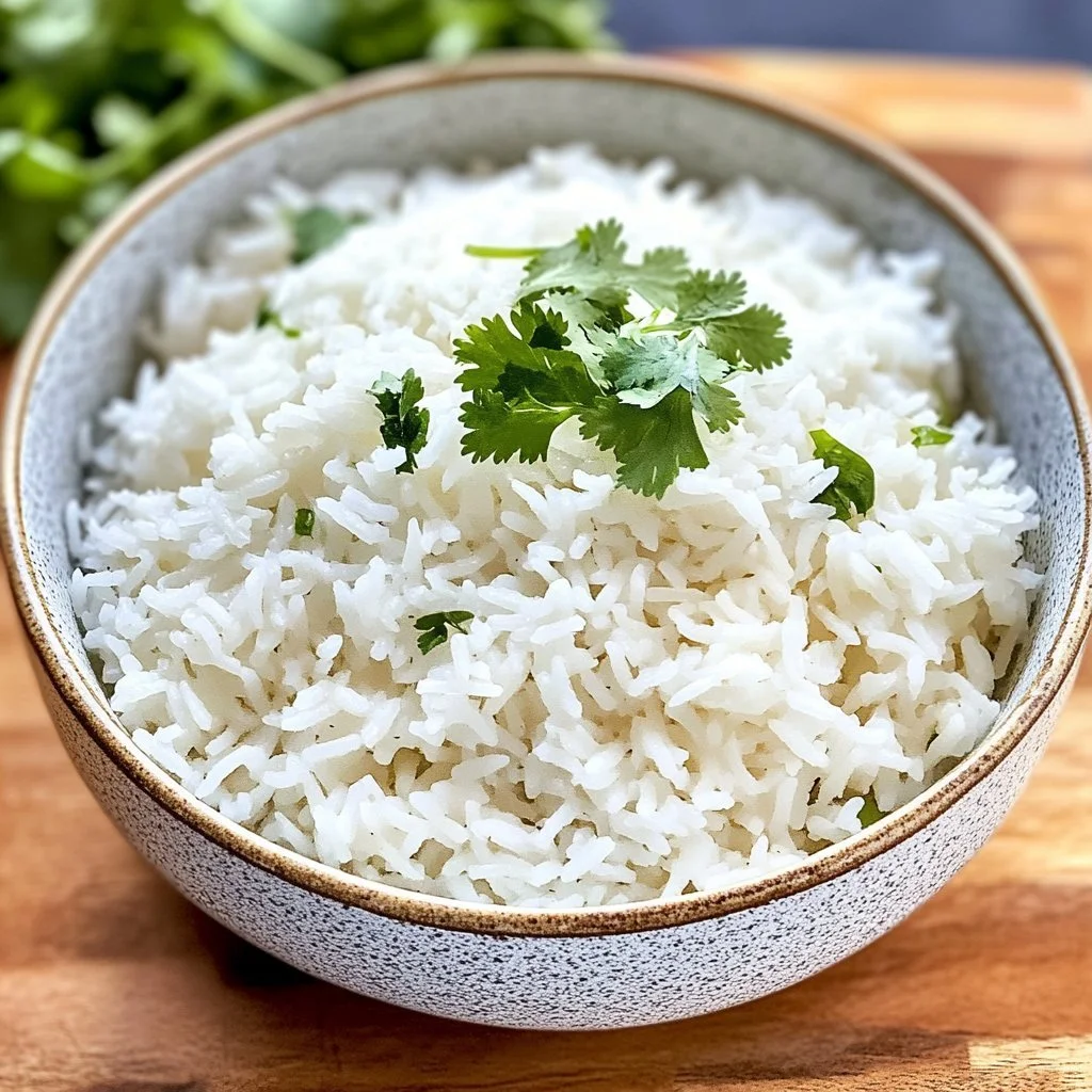 Baked coconut rice served in a bowl garnished with fresh herbs
