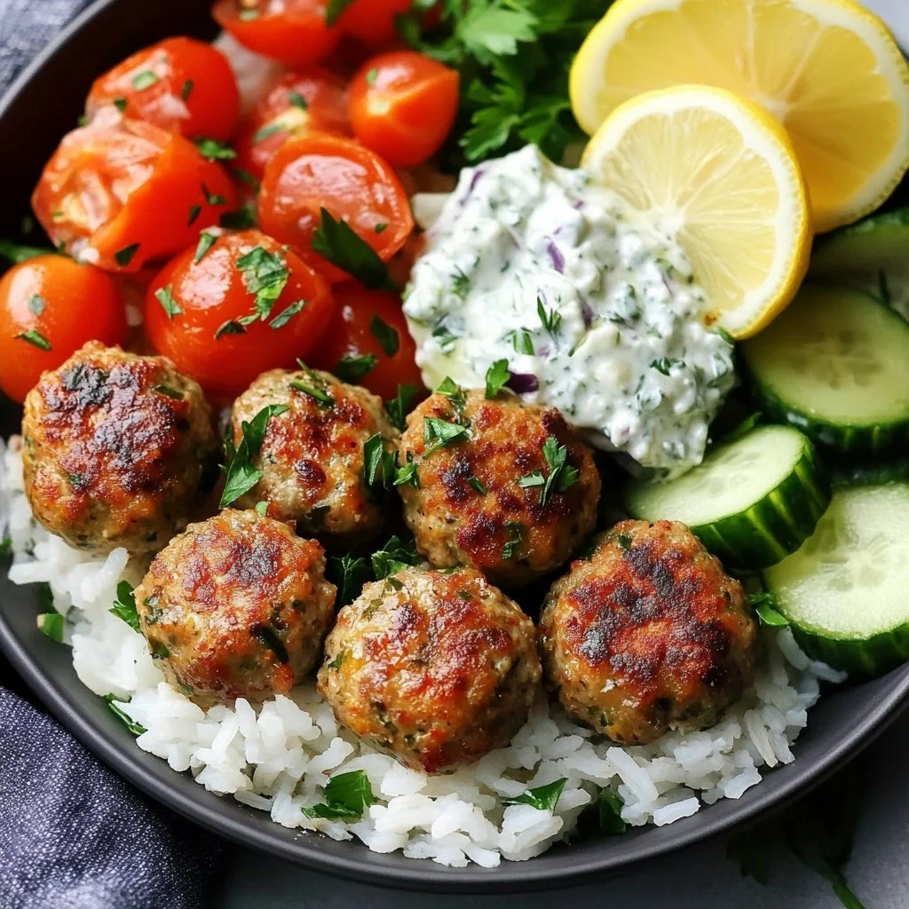 Baked Greek turkey meatballs served with tzatziki sauce on a plate.