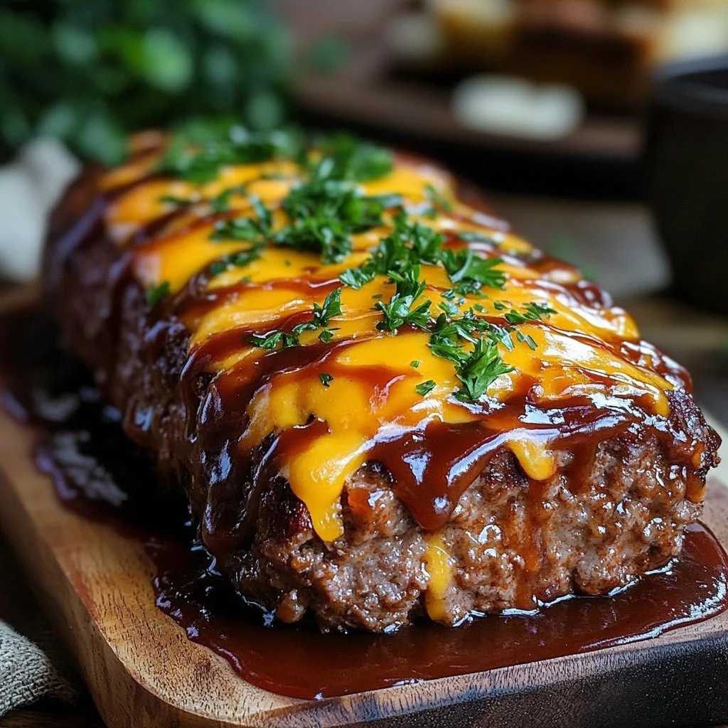 BBQ Cheddar Meatloaf topped with barbecue sauce and melted cheese