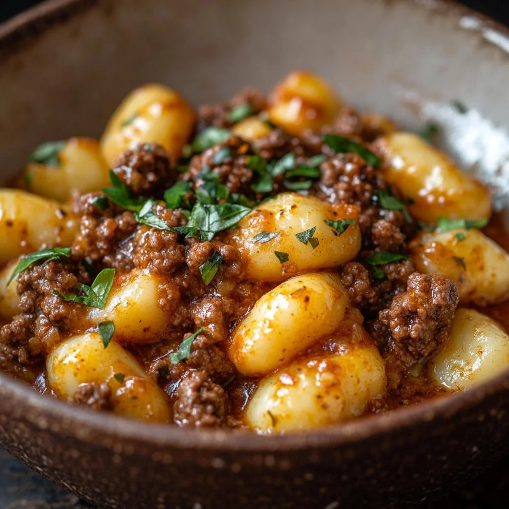 Delicious Beef and Gnocchi dish served with herbs and spices