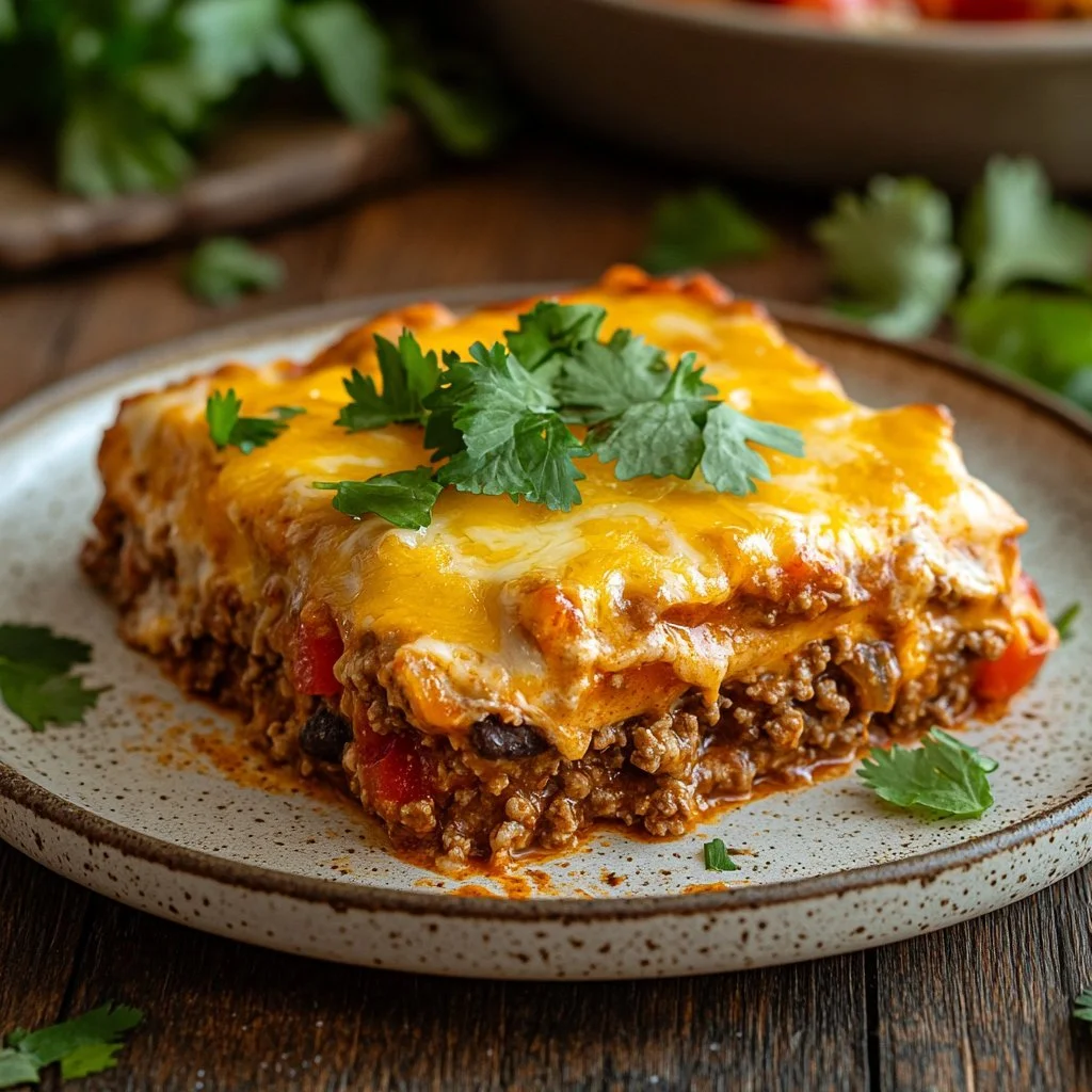 Delicious beef enchilada casserole topped with cheese and fresh ingredients
