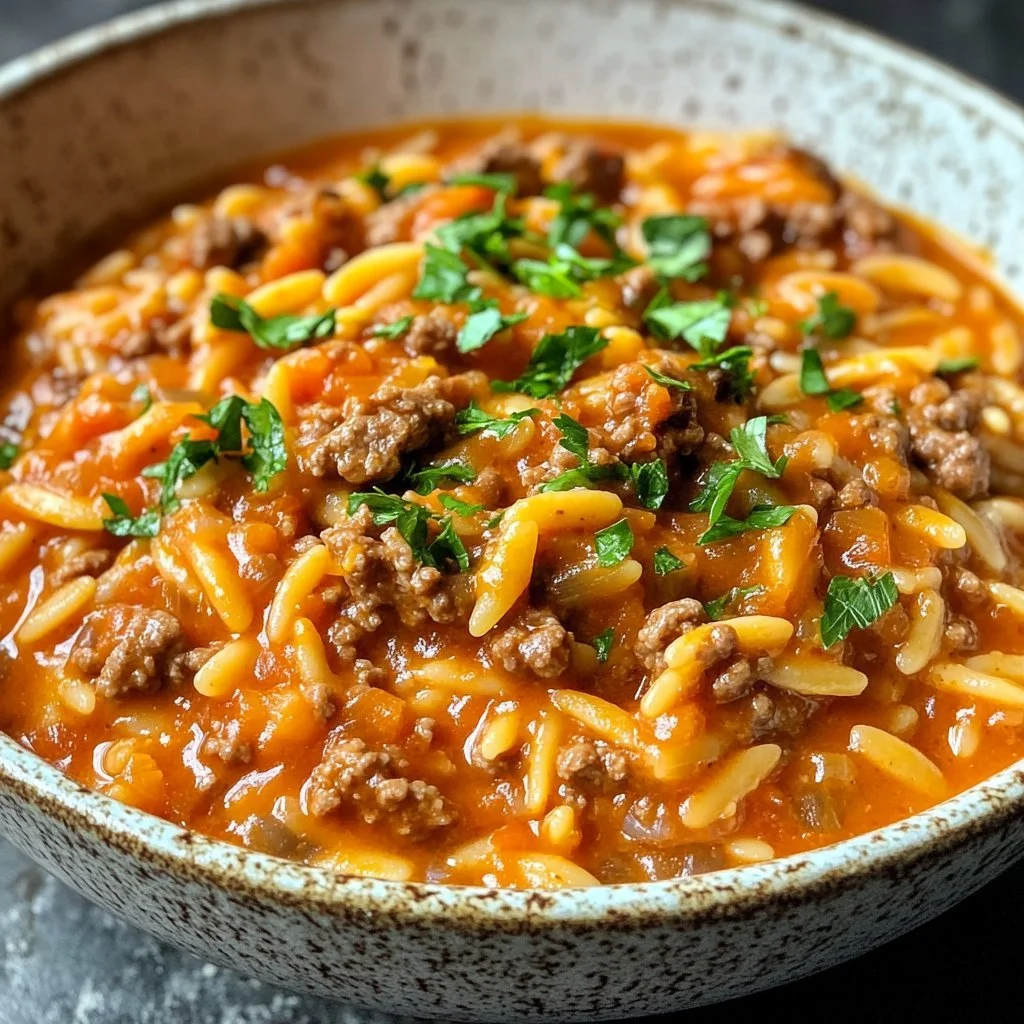 Beef Orzo served with rich tomato cream sauce in a bowl.