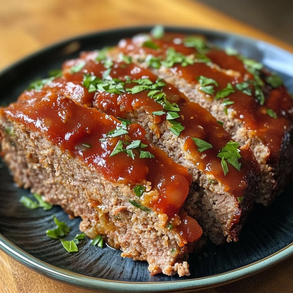 Delicious homemade meatloaf recipe ready to serve.