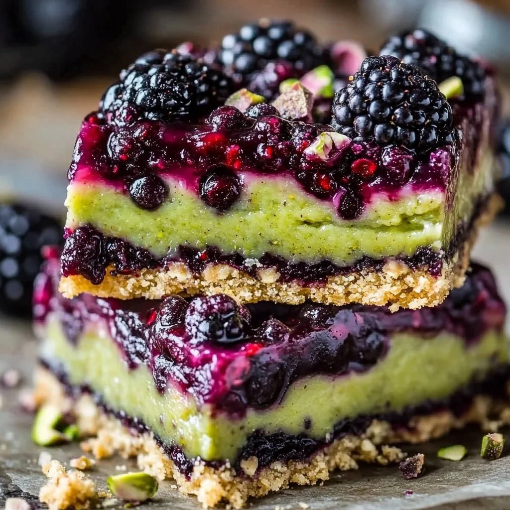 Delicious Blackberry Pistachio Dream Bars topped with blackberries and pistachios