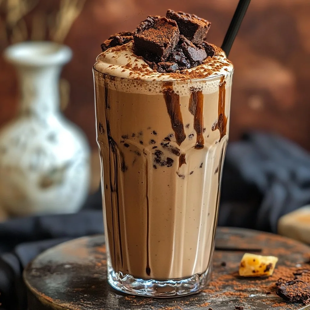 Delicious Brownie Milkshake topped with chocolate syrup and whipped cream