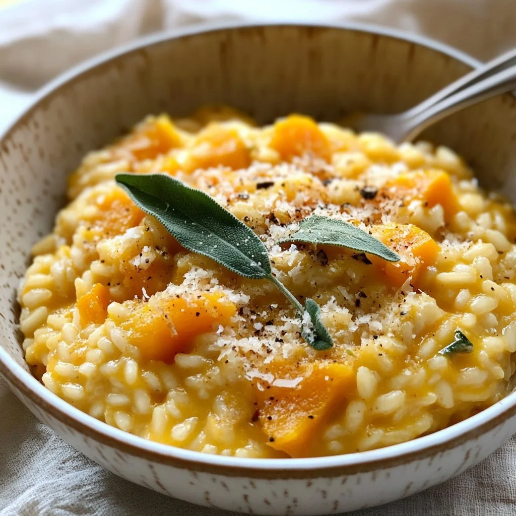 Creamy butternut squash risotto garnished with herbs and parmesan cheese