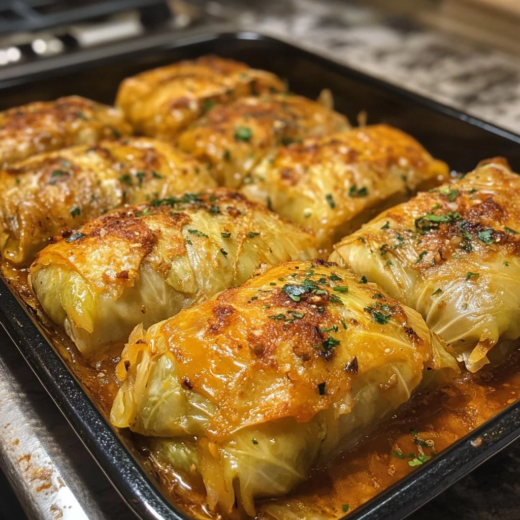 Plate of homemade cabbage rolls filled with seasoned meat and rice.