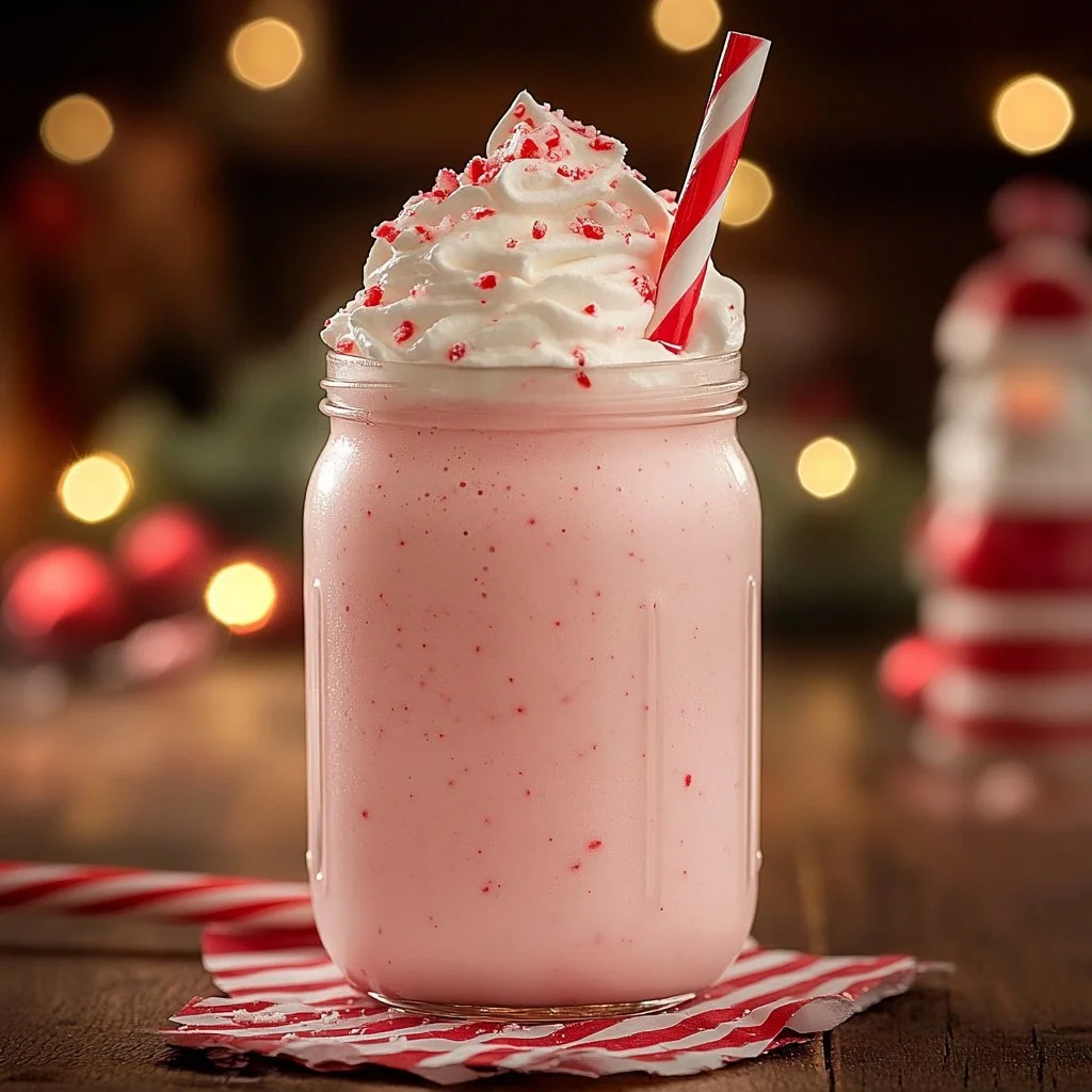 Delicious candy cane milkshake topped with whipped cream and peppermint sprinkles