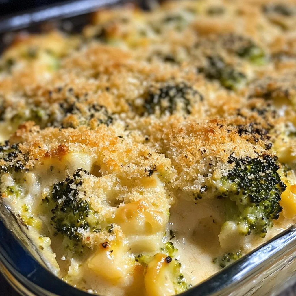 Cheesy broccoli casserole served in a baking dish, topped with golden cheese.