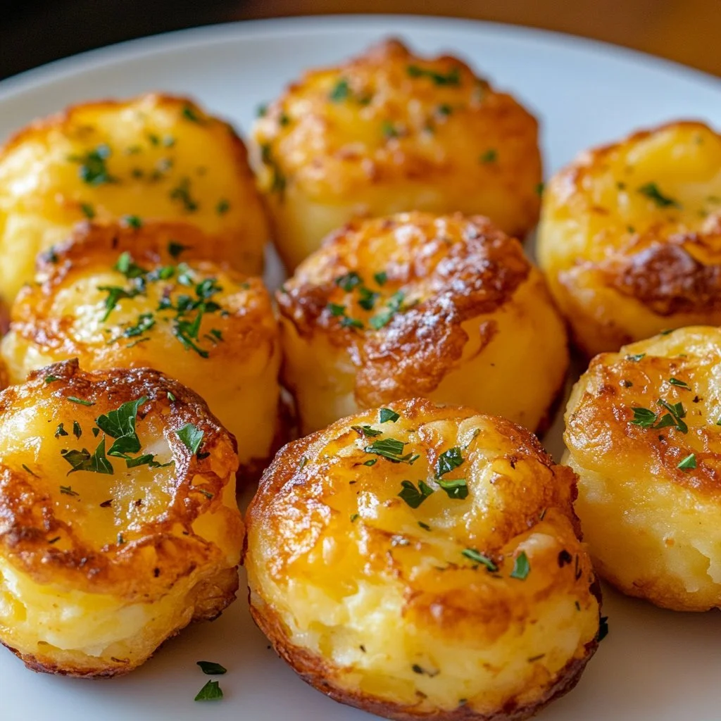 Cheesy mashed potato puffs served with dipping sauce on a plate