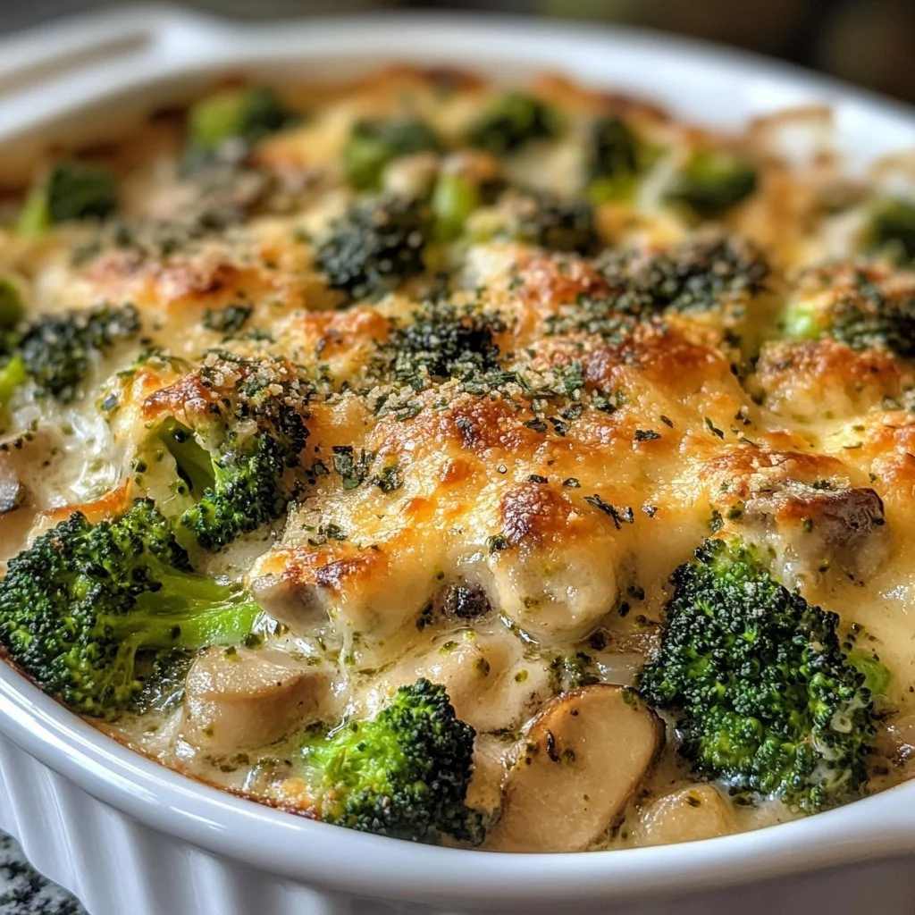 Cheesy Turkey and Broccoli Casserole fresh out of the oven, served in a baking dish.