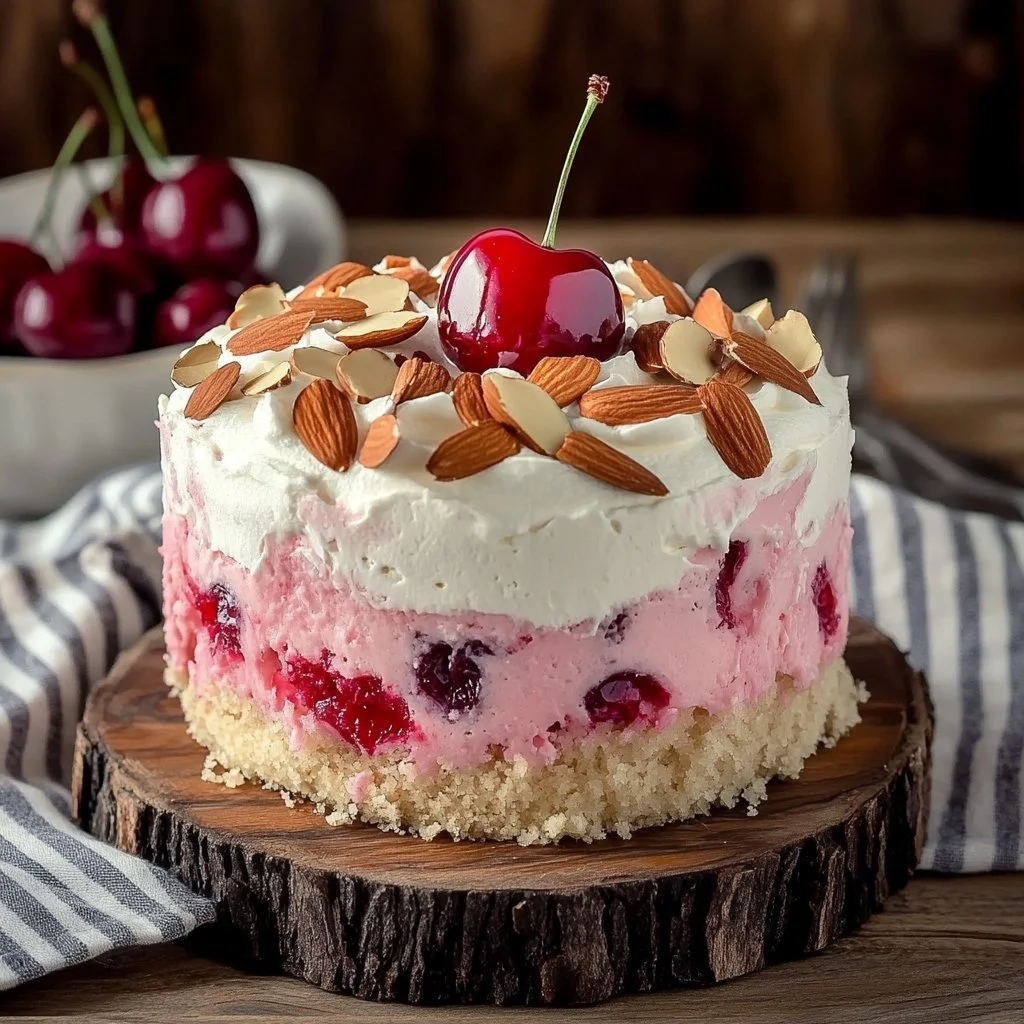 Delicious Cherry Almond Poke Cake topped with cherries and almonds.
