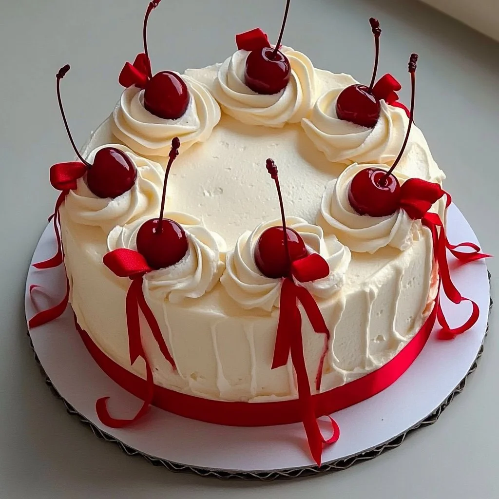Delicious Cherry Bow Cake with a decorative bow and fresh cherries on top.