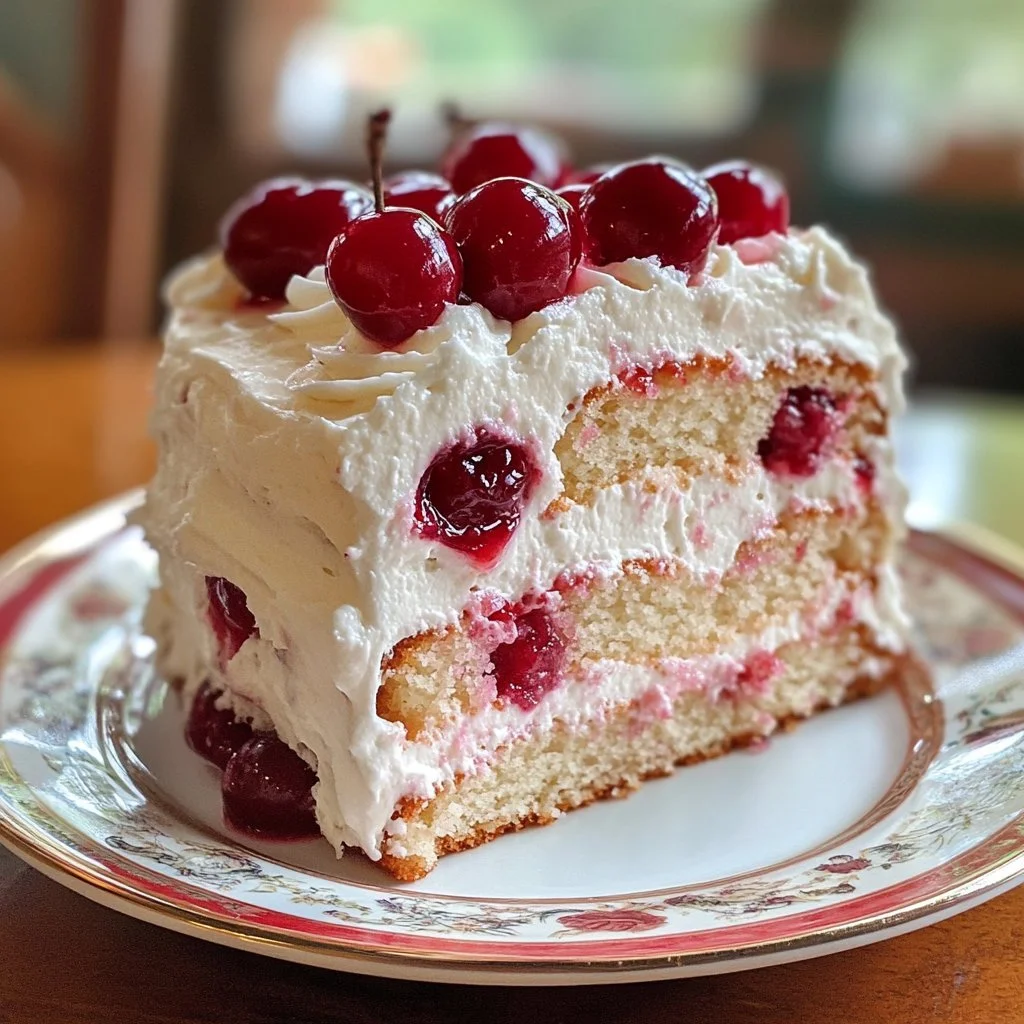 Delicious homemade cherry cake with fresh cherries and creamy frosting