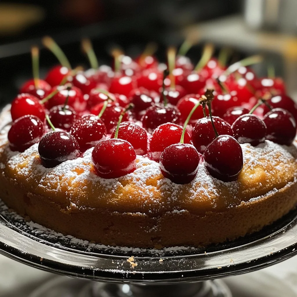 Delicious cherry cake topped with fresh cherries and whipped cream.