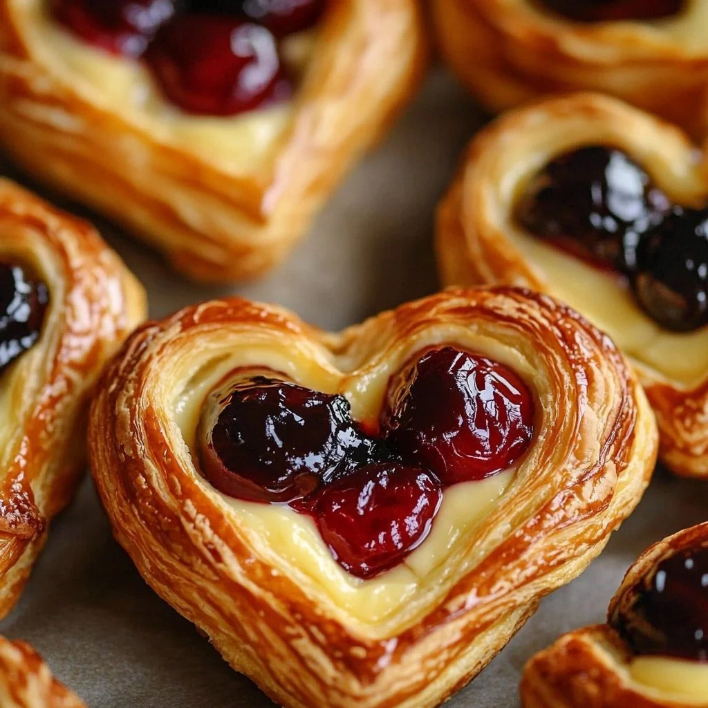 Freshly baked Cherry Cheese Danish with flaky pastry and cherry topping