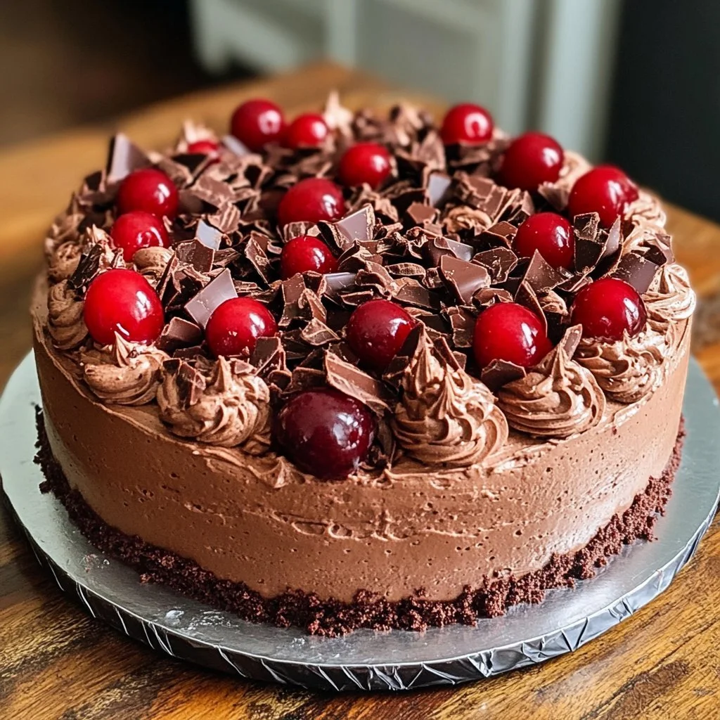 Cherry Chocolate Mousse Cake topped with fresh cherries and chocolate shavings